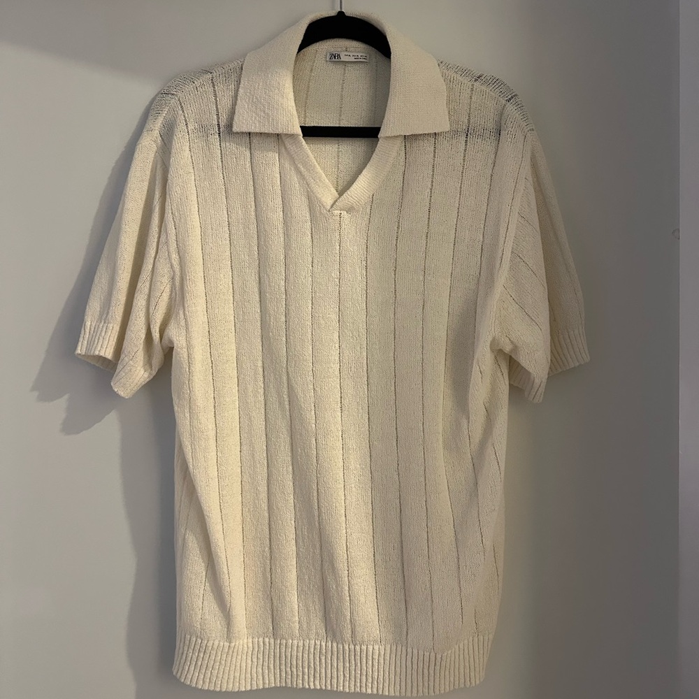 Zara Cream Short Sleeve Knit Polo Shirt
